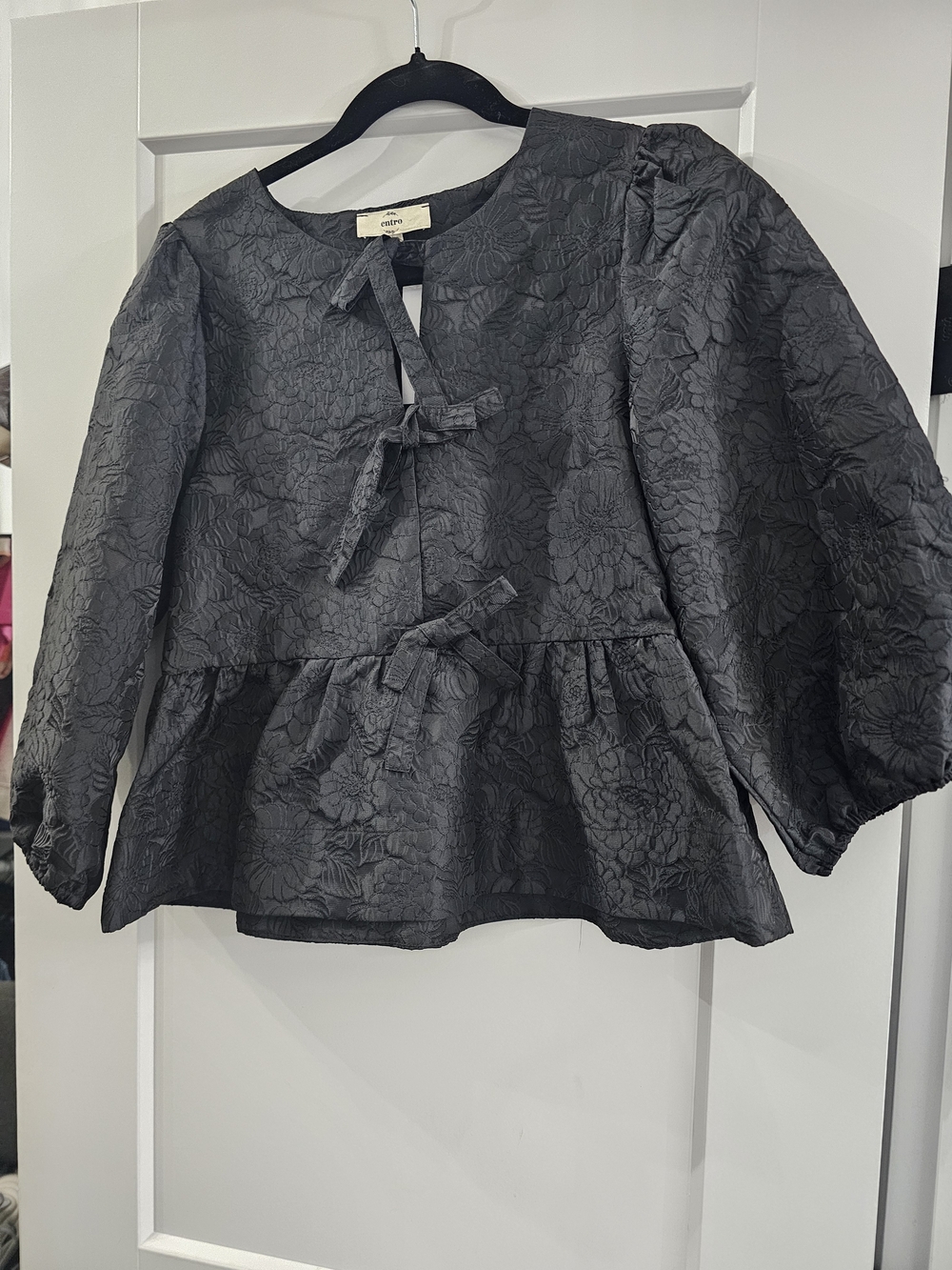 Black Floral Jacquard Peplum Top with Tie Front